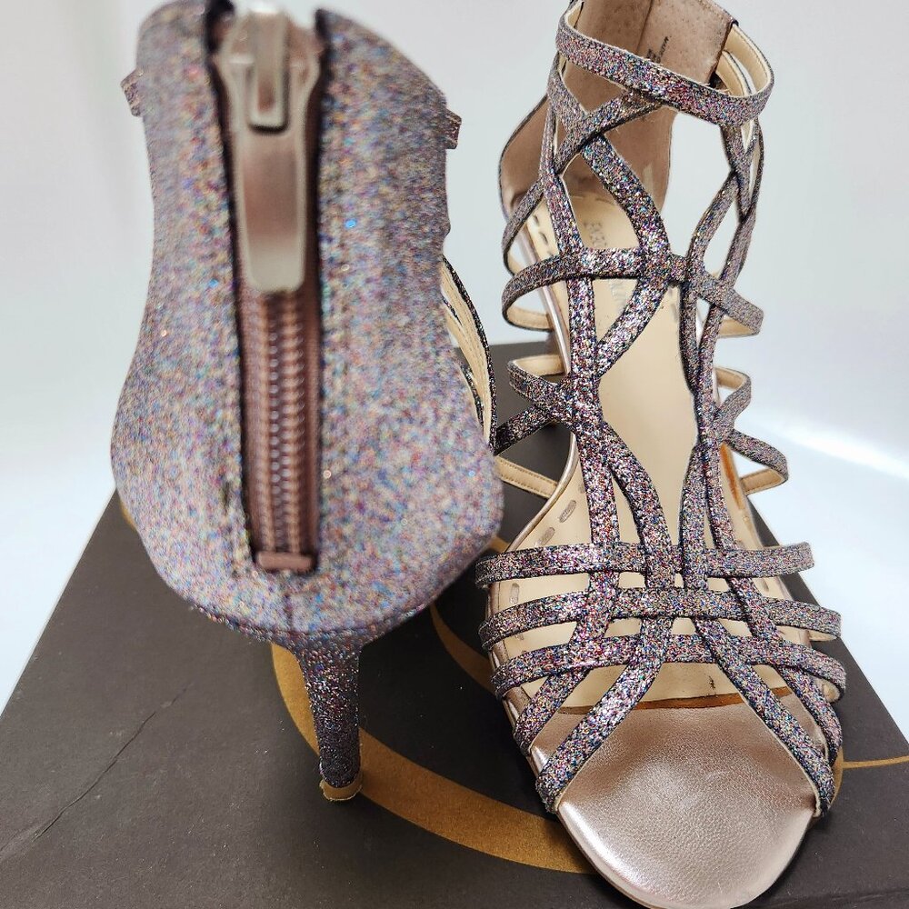 Enzo Angiolini Earennes Silver Heels Size 8.5 Shoes Sandals Glitter Sparkle 3"